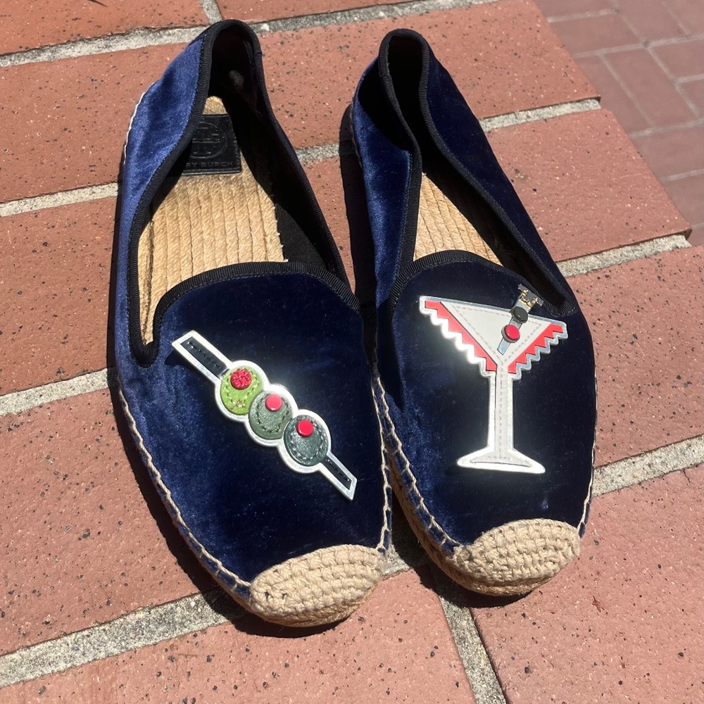 Tory Burch Blue Velvet Espadrilles with Martini Cocktail